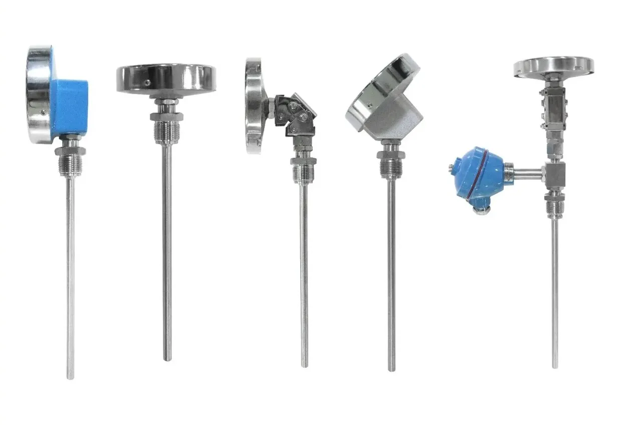 Bimetal thermometer with angled, axial, and long-stem dial configurations.