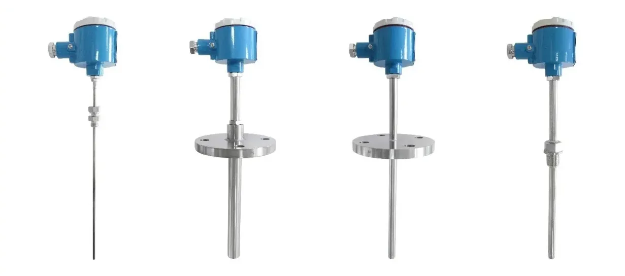 Explosion-proof thermocouple with flanged, threaded, and straight probe configurations.