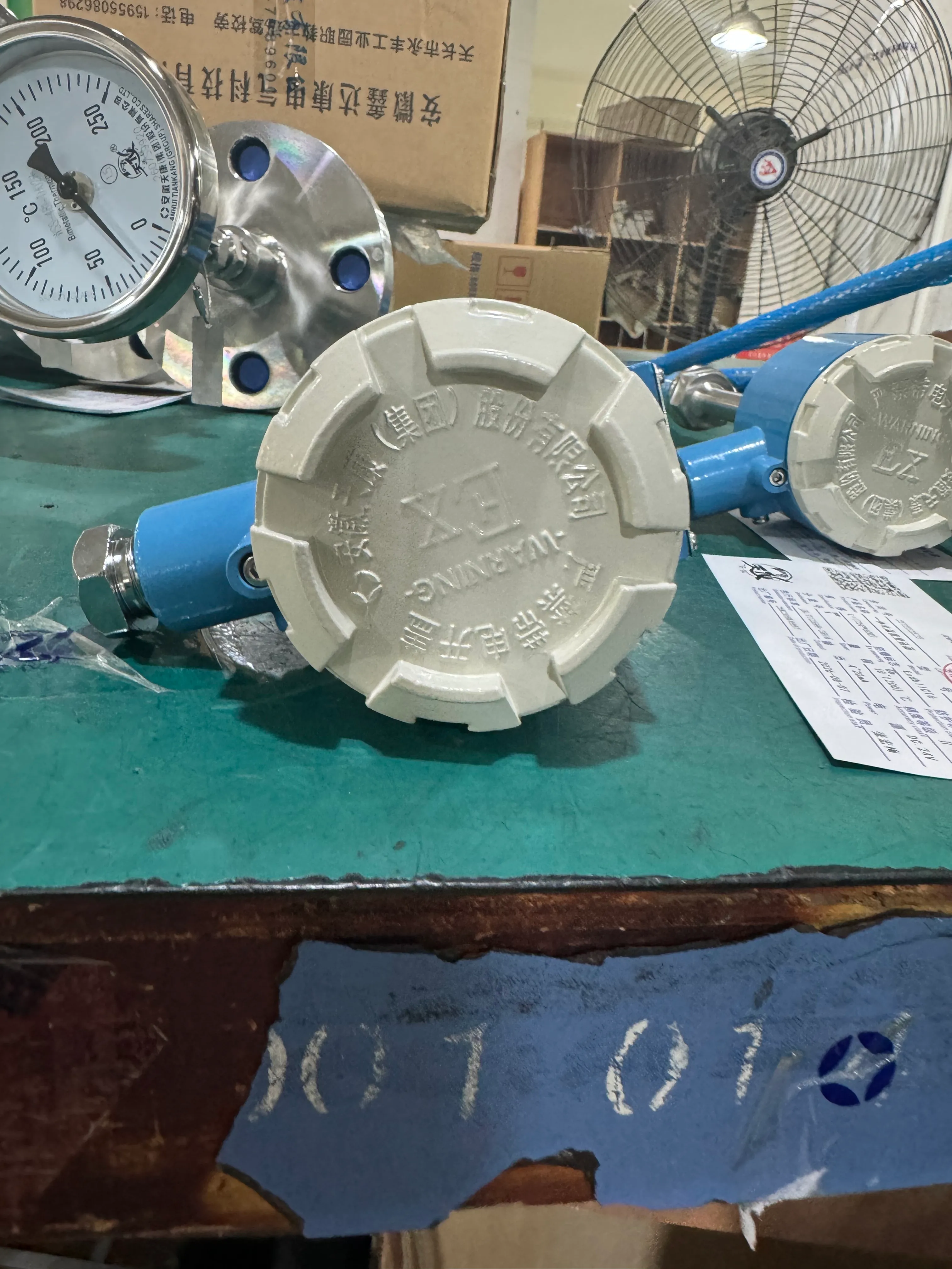 Explosion-proof thermocouple showing terminal configuration and protective tube details.