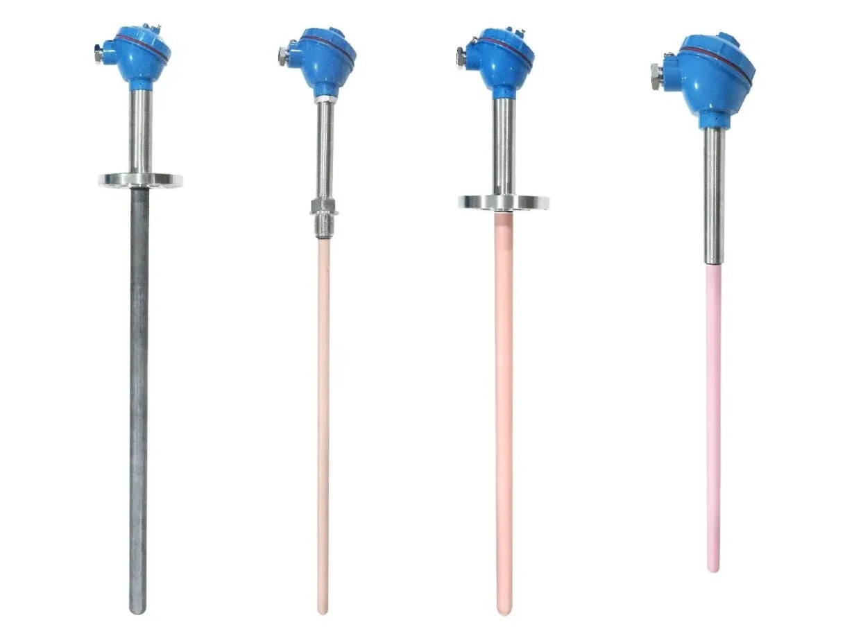 High temperature noble metal thermocouple with ceramic protection tubes and connection heads.