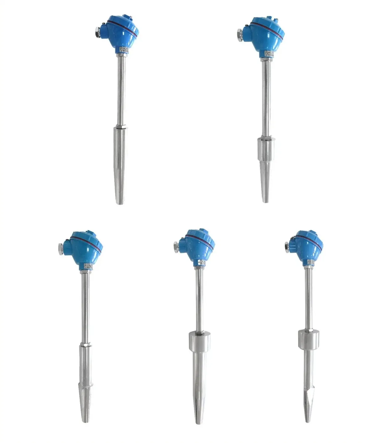 Shrunk-on thermocouple and thermal resistor with multiple sleeve and probe configurations.